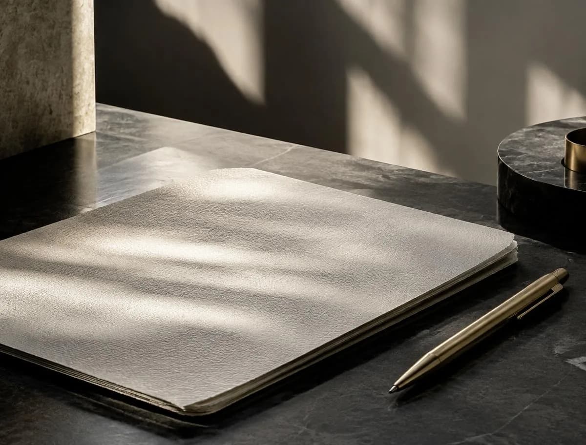 Liasse de papier texturé et stylo laiton sur un bureau en marbre noir